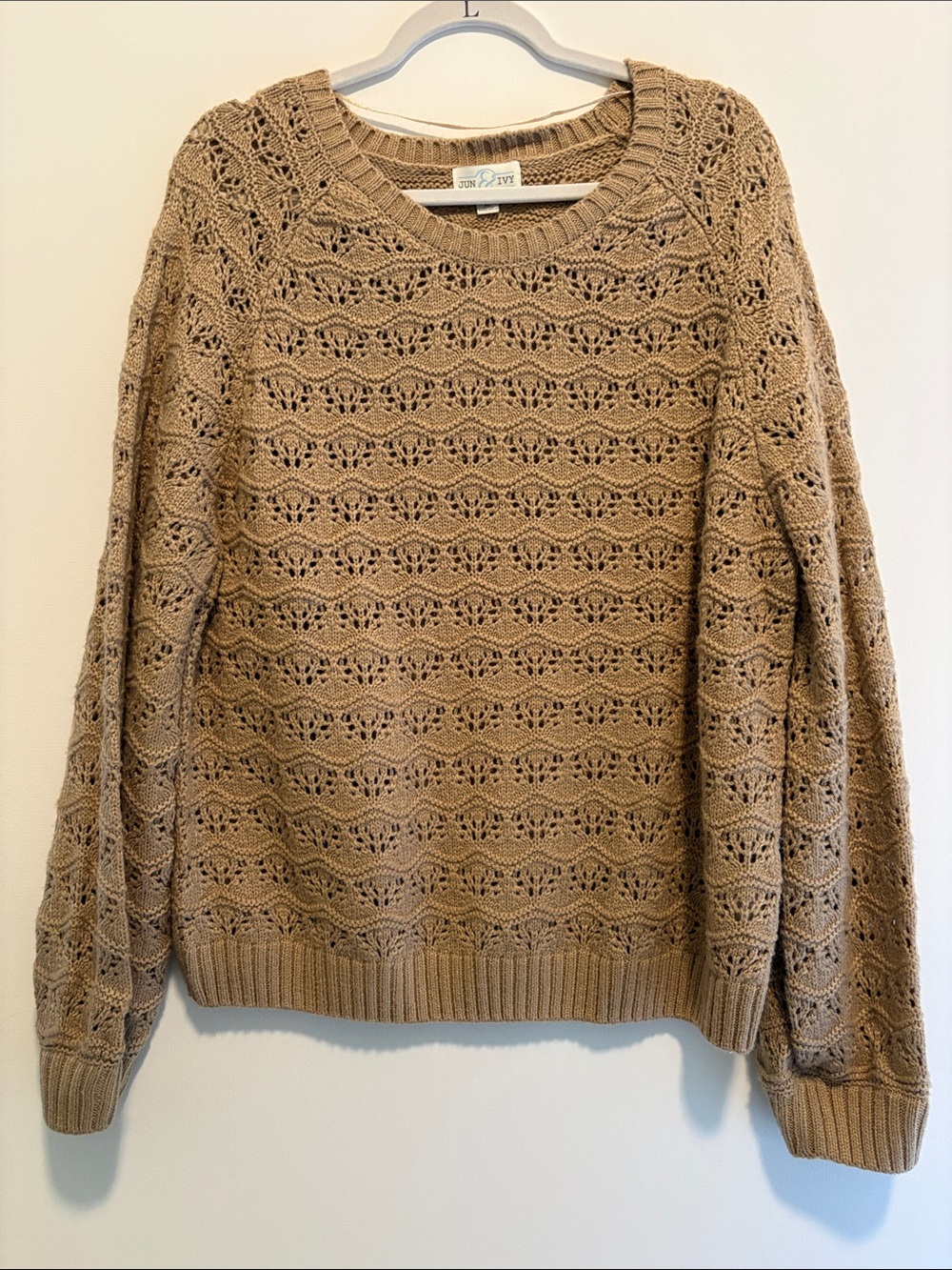 Taupe Open Knit Crewneck Sweater